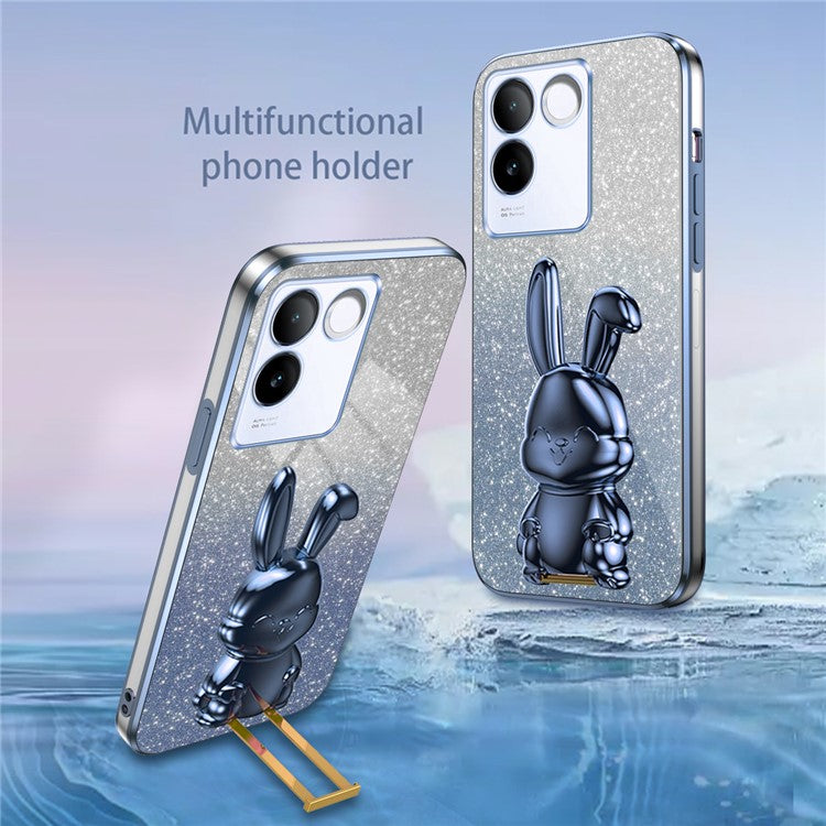For vivo S17e 5G Cell Phone Case Cartoon Rabbit Anti-scratch Glitter Cover with Pull-out Kickstand - Blue