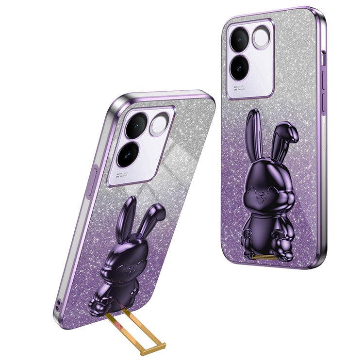 For vivo S17e 5G Cell Phone Case Cartoon Rabbit Anti-scratch Glitter Cover with Pull-out Kickstand - Pink