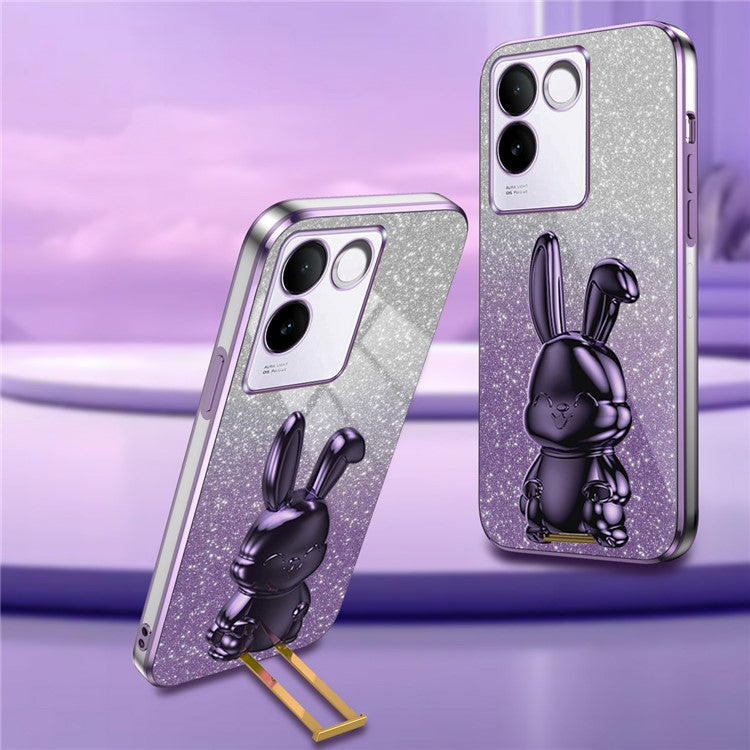 For vivo S17e 5G Cell Phone Case Cartoon Rabbit Anti-scratch Glitter Cover with Pull-out Kickstand - Pink