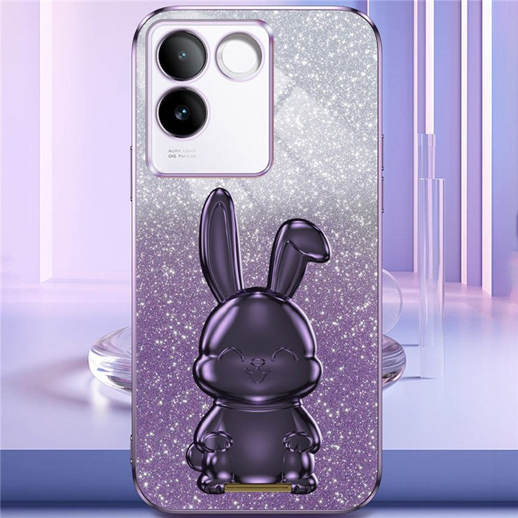 For vivo S17e 5G Cell Phone Case Cartoon Rabbit Anti-scratch Glitter Cover with Pull-out Kickstand - Purple
