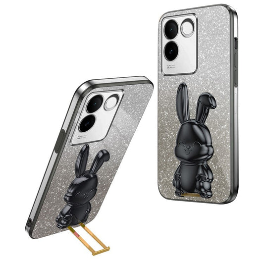 For vivo S17e 5G Cell Phone Case Cartoon Rabbit Anti-scratch Glitter Cover with Pull-out Kickstand - Black