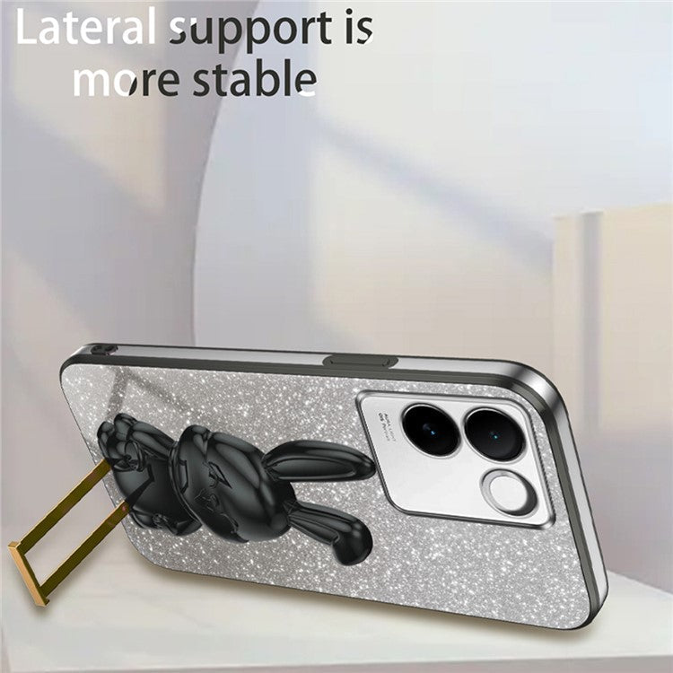 For vivo S17e 5G Cell Phone Case Cartoon Rabbit Anti-scratch Glitter Cover with Pull-out Kickstand - Black