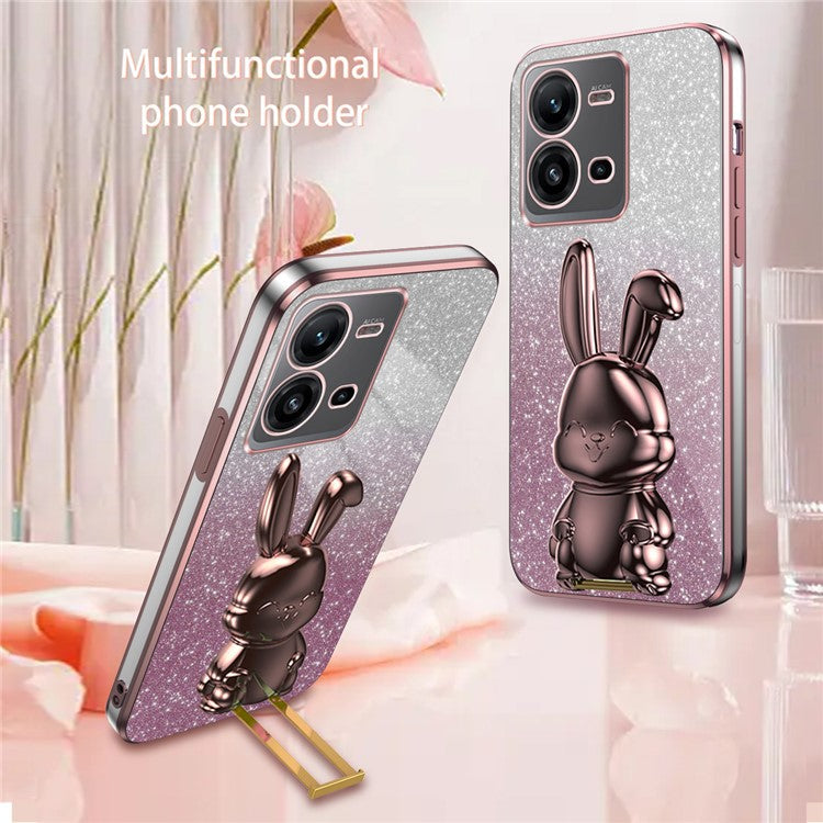 For vivo V25 5G Kickstand Case Rabbit Design PC+TPU Phone Cover - Pink
