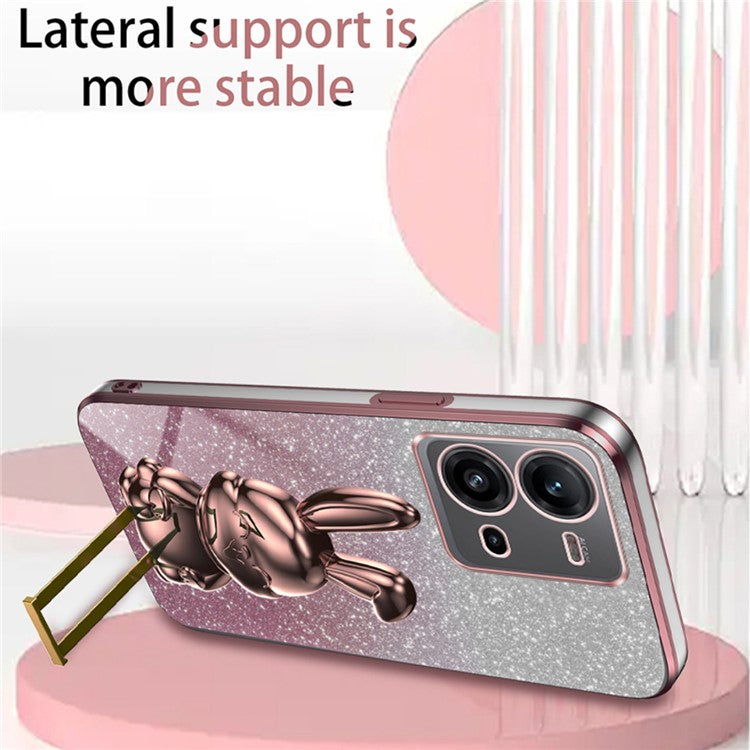 For vivo V25 5G Kickstand Case Rabbit Design PC+TPU Phone Cover - Pink