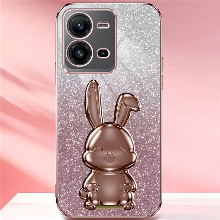 For vivo V25 5G Kickstand Case Rabbit Design PC+TPU Phone Cover - Pink