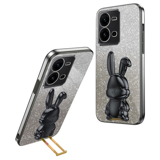For vivo V25 5G Kickstand Case Rabbit Design PC+TPU Phone Cover - Black