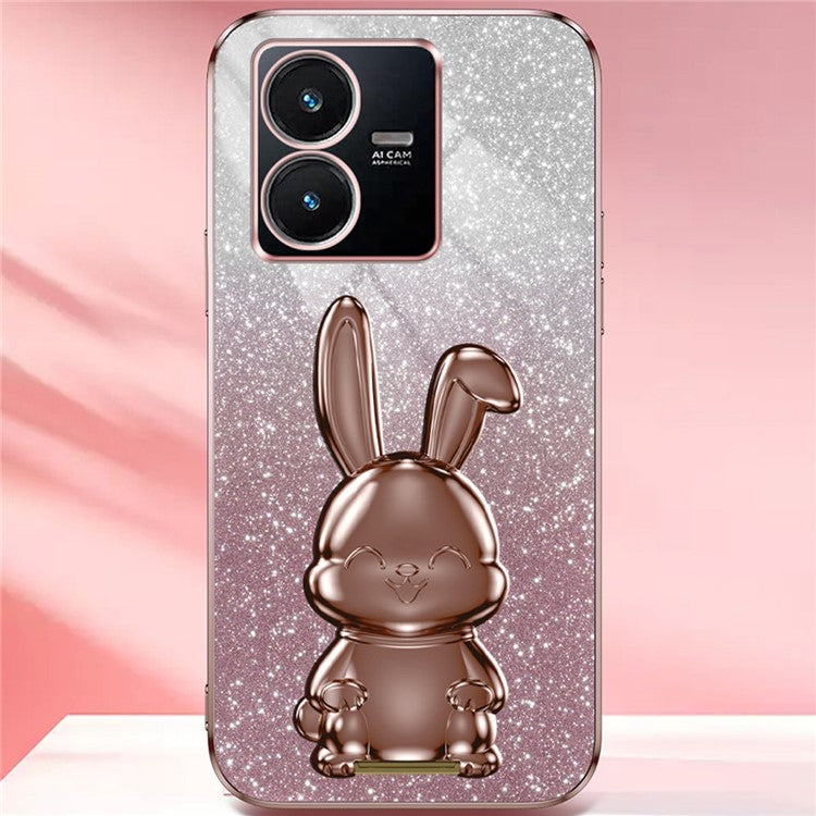 For vivo Y22s 4G / Y22 4G Protective Case Rabbit Design Kickstand PC+TPU Phone Cover - Pink