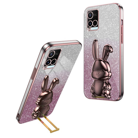 For vivo Y32 4G / Y21 / Y33s / Y21s Slim Case Rabbit Design PC+TPU Kickstand Phone Case - Pink