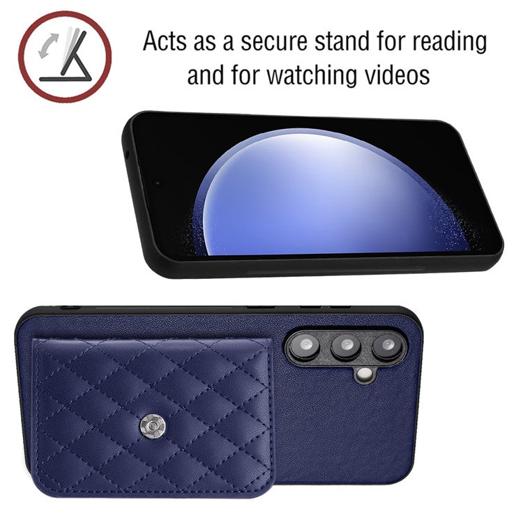 YB Leather Coating Series-8 For Samsung Galaxy S23 FE RFID Blocking Case Card Bag Kickstand Phone Cover - Sapphire