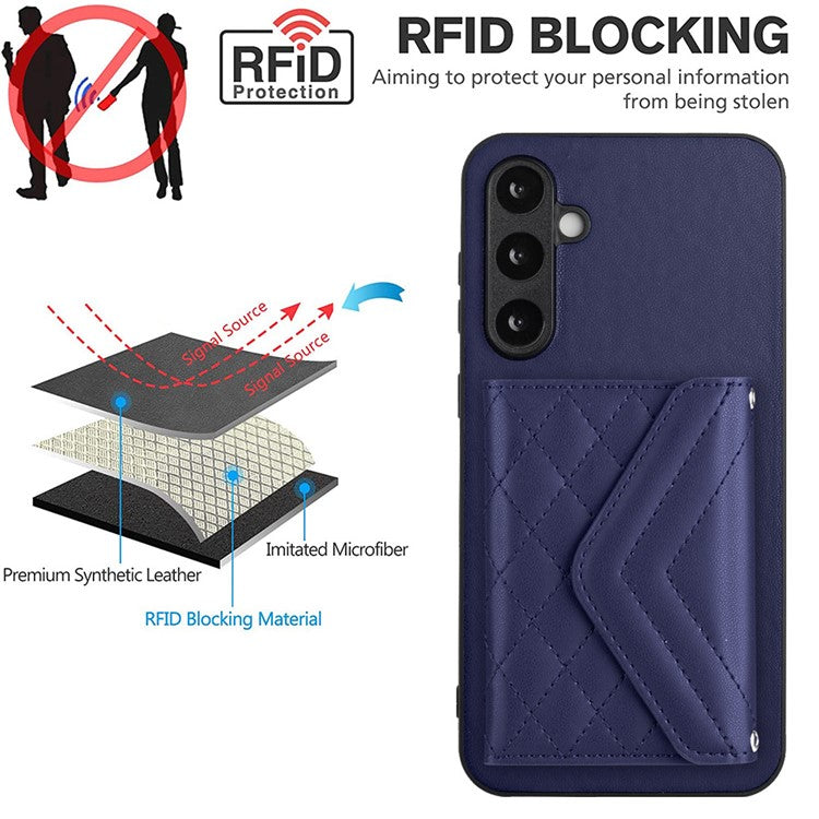 YB Leather Coating Series-8 For Samsung Galaxy S23 FE RFID Blocking Case Card Bag Kickstand Phone Cover - Sapphire