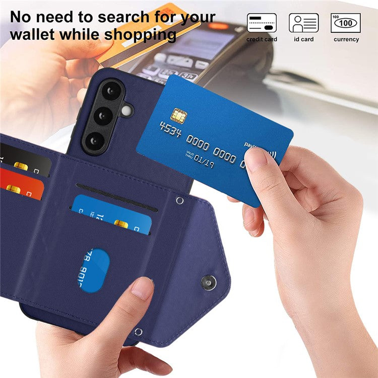 YB Leather Coating Series-8 For Samsung Galaxy S23 FE RFID Blocking Case Card Bag Kickstand Phone Cover - Sapphire