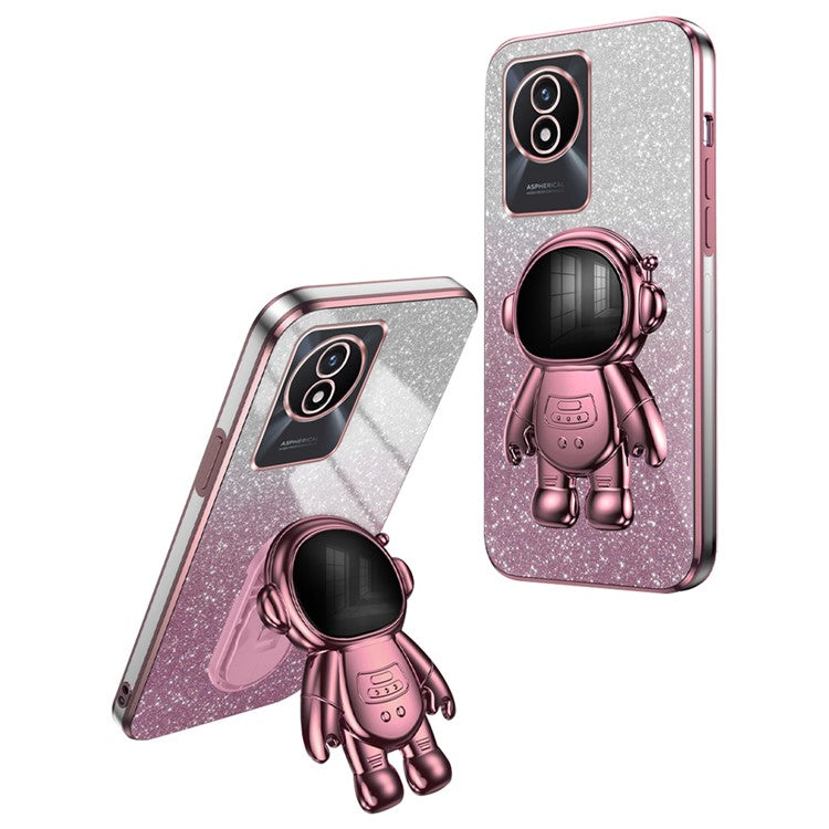 For vivo Y11 (2023) PC+TPU Case with Kickstand Shockproof Cartoon Astronaut Phone Shell - Pink