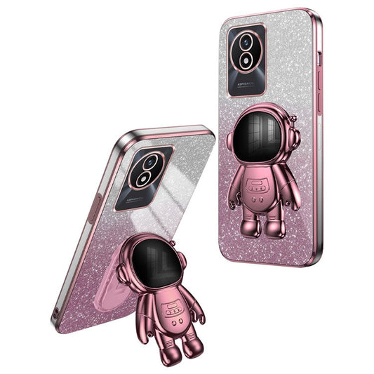 For vivo Y11 (2023) PC+TPU Case with Kickstand Shockproof Cartoon Astronaut Phone Shell - Pink