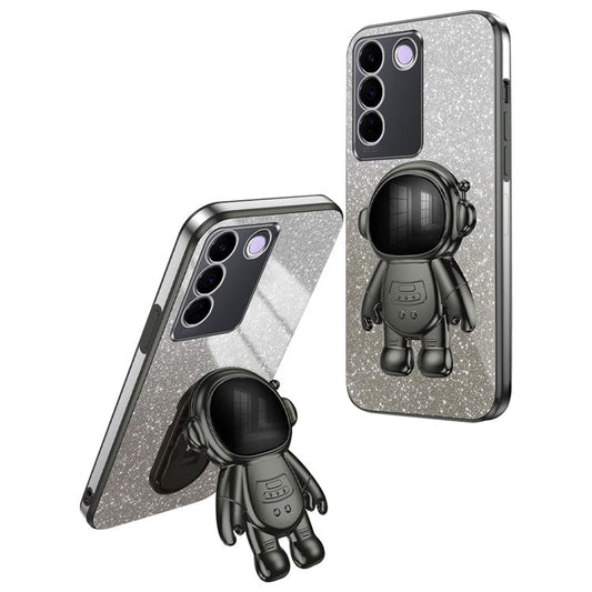 For vivo S16e 5G Electroplating Phone Case Astronaut Kickstand PC+TPU Cover Phone Shell - Black