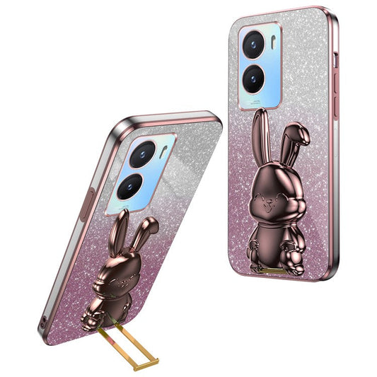 For vivo Y35 5G Pull-Out Kickstand Phone Protective Case Cartoon Rabbit Decor Cover - Pink