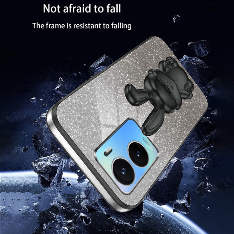 For vivo Y35 5G Pull-Out Kickstand Phone Protective Case Cartoon Rabbit Decor Cover - Black