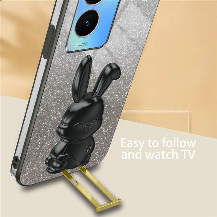 For vivo Y35 5G Pull-Out Kickstand Phone Protective Case Cartoon Rabbit Decor Cover - Black