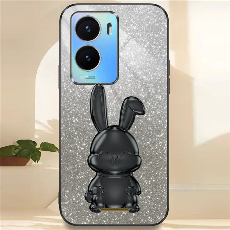 For vivo Y35 5G Pull-Out Kickstand Phone Protective Case Cartoon Rabbit Decor Cover - Black