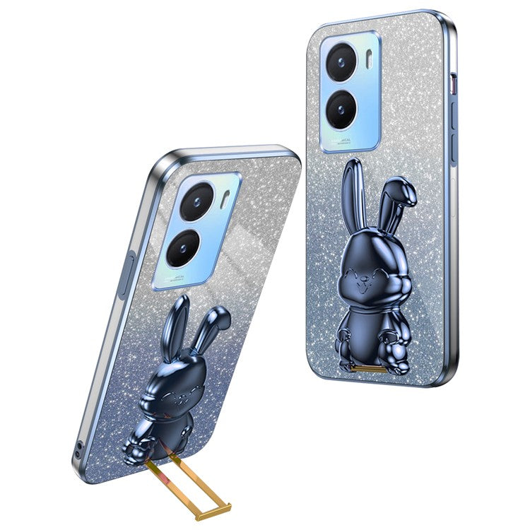 For vivo Y35 5G Pull-Out Kickstand Phone Protective Case Cartoon Rabbit Decor Cover - Blue