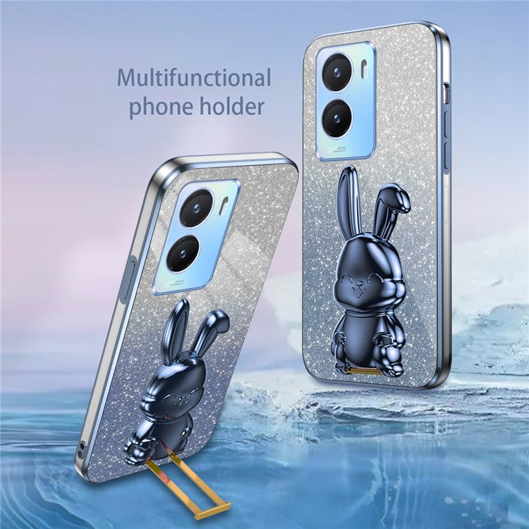 For vivo Y35 5G Pull-Out Kickstand Phone Protective Case Cartoon Rabbit Decor Cover - Blue