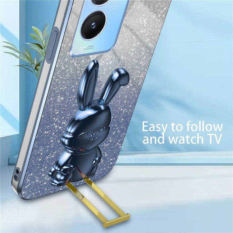 For vivo Y35 5G Pull-Out Kickstand Phone Protective Case Cartoon Rabbit Decor Cover - Blue