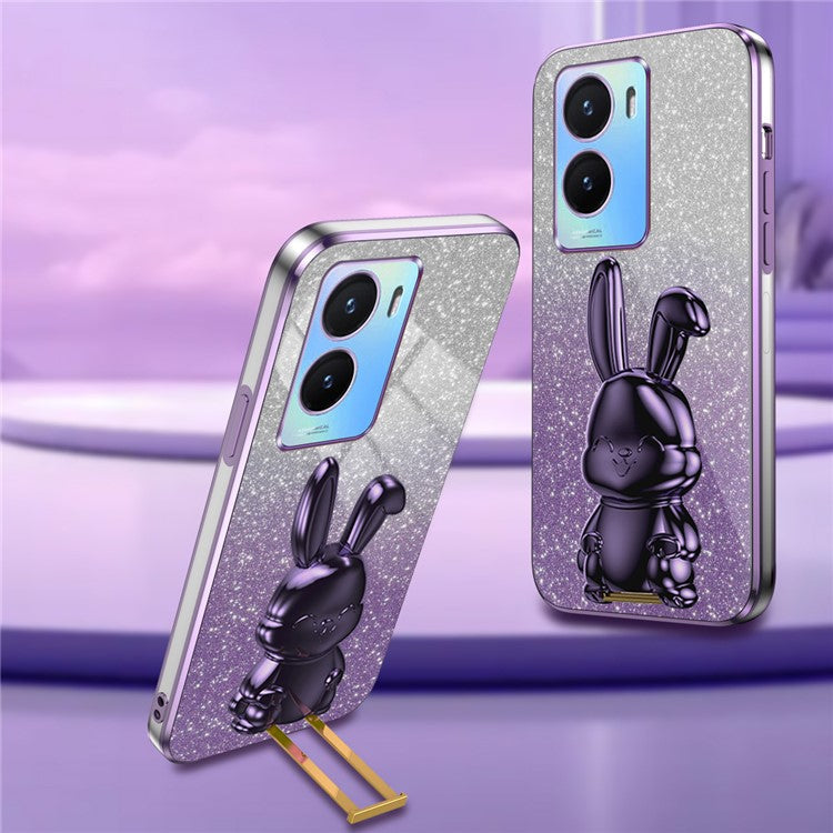 For vivo Y35 5G Pull-Out Kickstand Phone Protective Case Cartoon Rabbit Decor Cover - Purple
