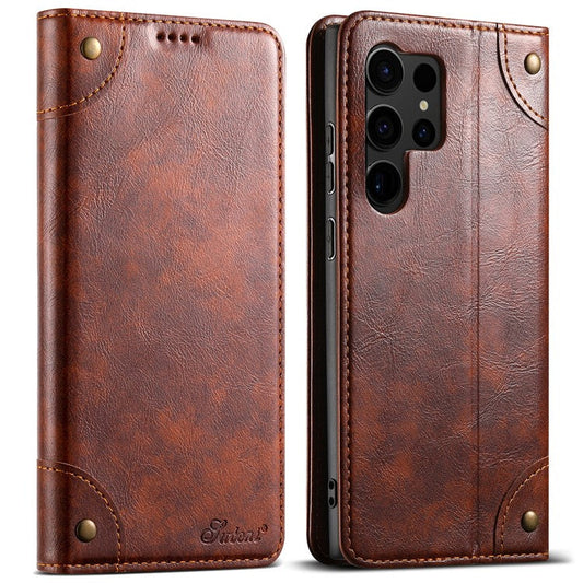 SUTENI For Samsung Galaxy S22 Ultra 5G Wallet Case Leather+TPU Magnetic Auto-closing Phone Cover - Khaki