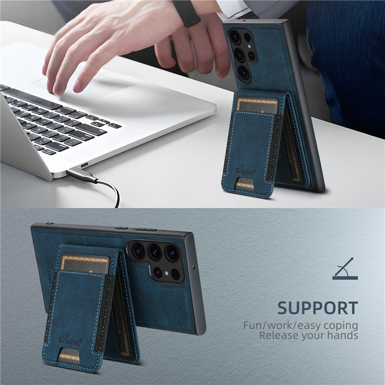 SUTENI H17 For Samsung Galaxy S23 Ultra Case Leather Card Holder Cover Compatible with MagSafe - Blue