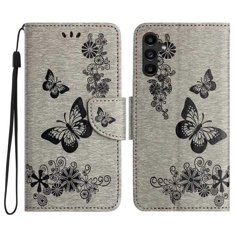 For Samsung Galaxy A05s 4G Case Folio PU Leather Butterflies Flower Phone Cover - Grey