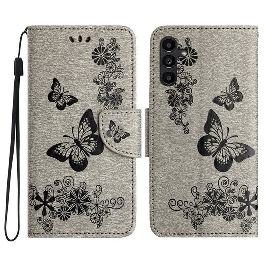 For Samsung Galaxy A05s 4G Case Folio PU Leather Butterflies Flower Phone Cover - Grey