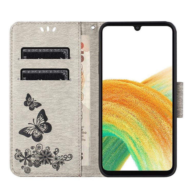 For Samsung Galaxy A05s 4G Case Folio PU Leather Butterflies Flower Phone Cover - Grey
