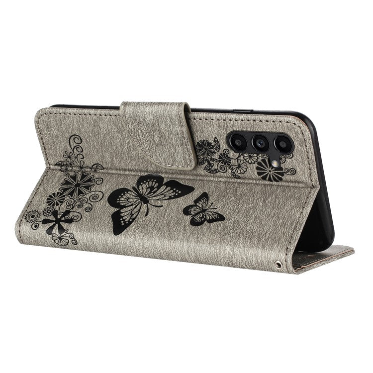 For Samsung Galaxy A05s 4G Case Folio PU Leather Butterflies Flower Phone Cover - Grey