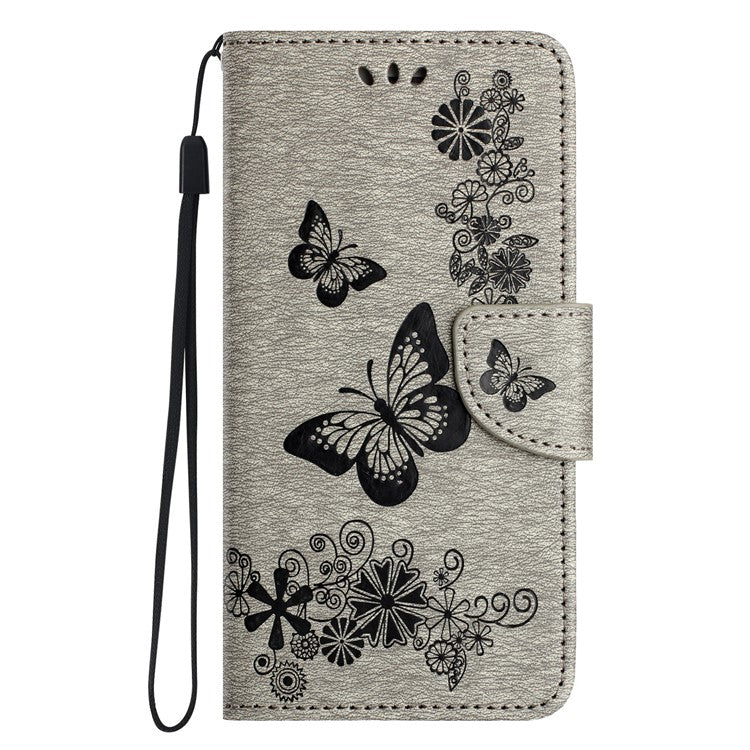 For Samsung Galaxy A05s 4G Case Folio PU Leather Butterflies Flower Phone Cover - Grey