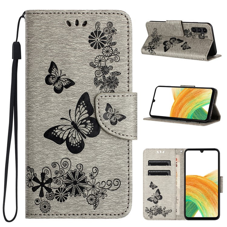 For Samsung Galaxy A05s 4G Case Folio PU Leather Butterflies Flower Phone Cover - Grey
