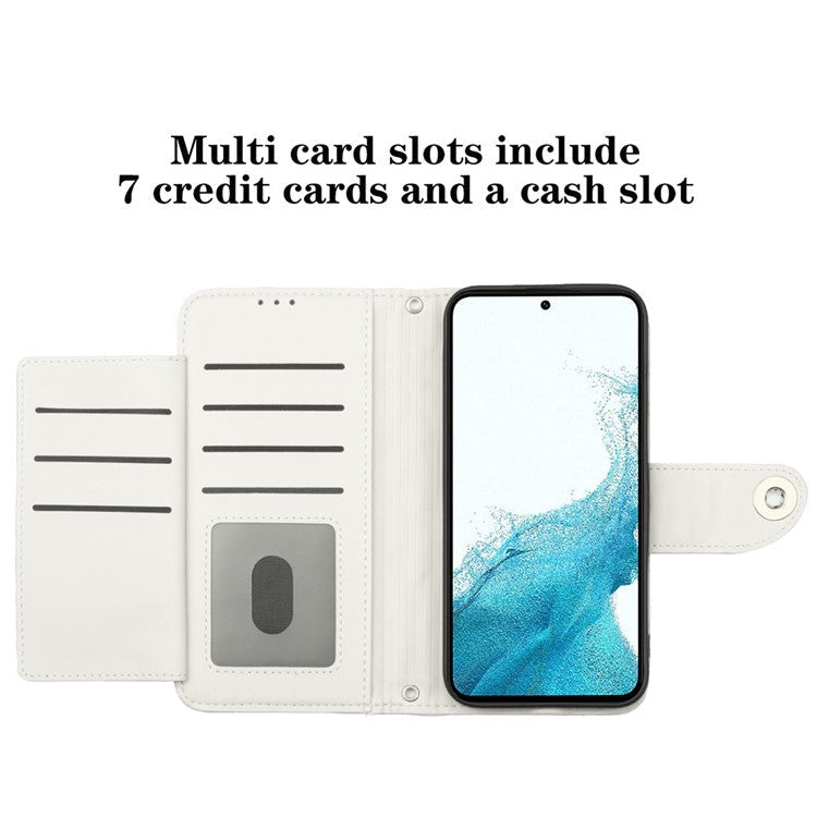 YB Imprinting Series-8 for Samsung Galaxy S23 Leather Case Anti-Dorp Phone Cover with 7 Card Slots - White