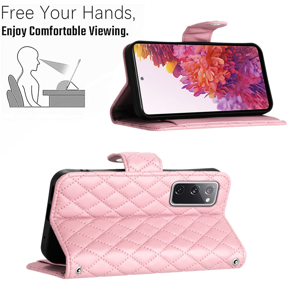 YB Imprinting Series-8 for Samsung Galaxy S20 FE 4G / FE 5G / S20 Lite / S20 FE 2022 Leather Case with Hand Strap - Pink
