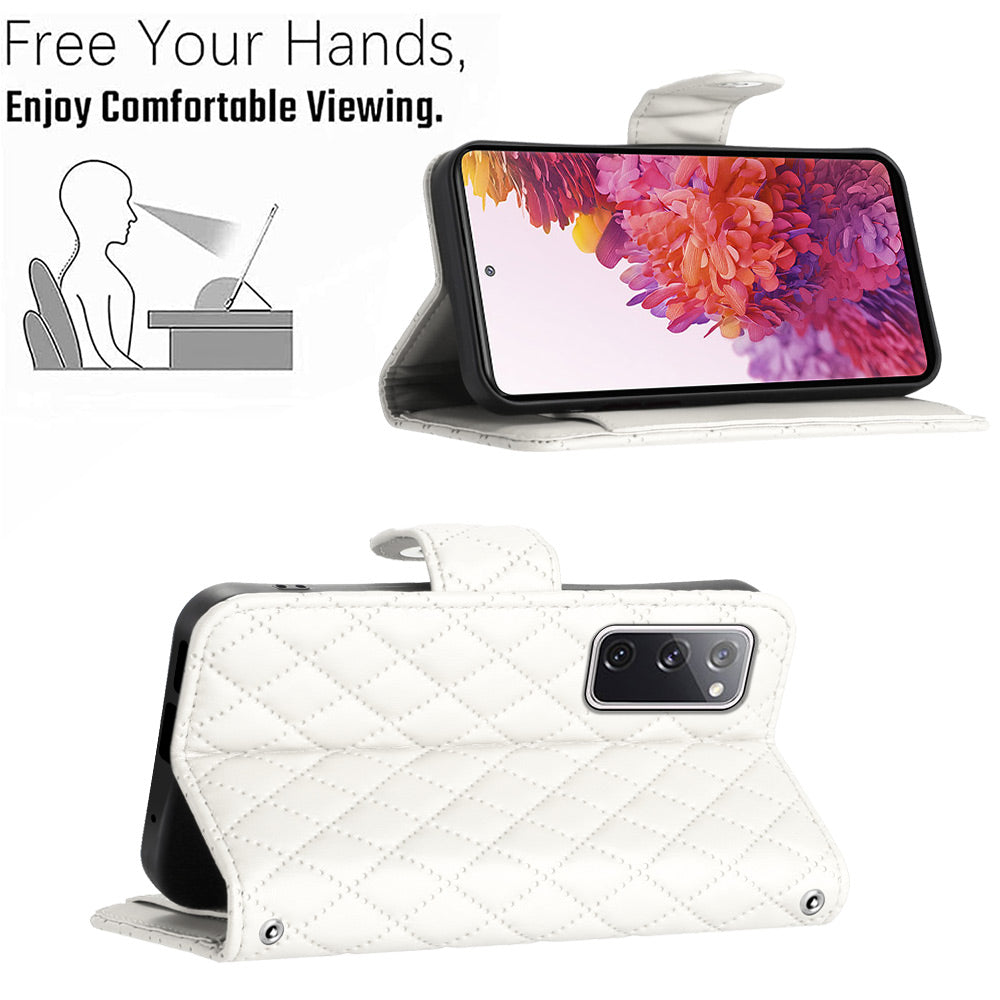 YB Imprinting Series-8 for Samsung Galaxy S20 FE 4G / FE 5G / S20 Lite / S20 FE 2022 Leather Case with Hand Strap - White