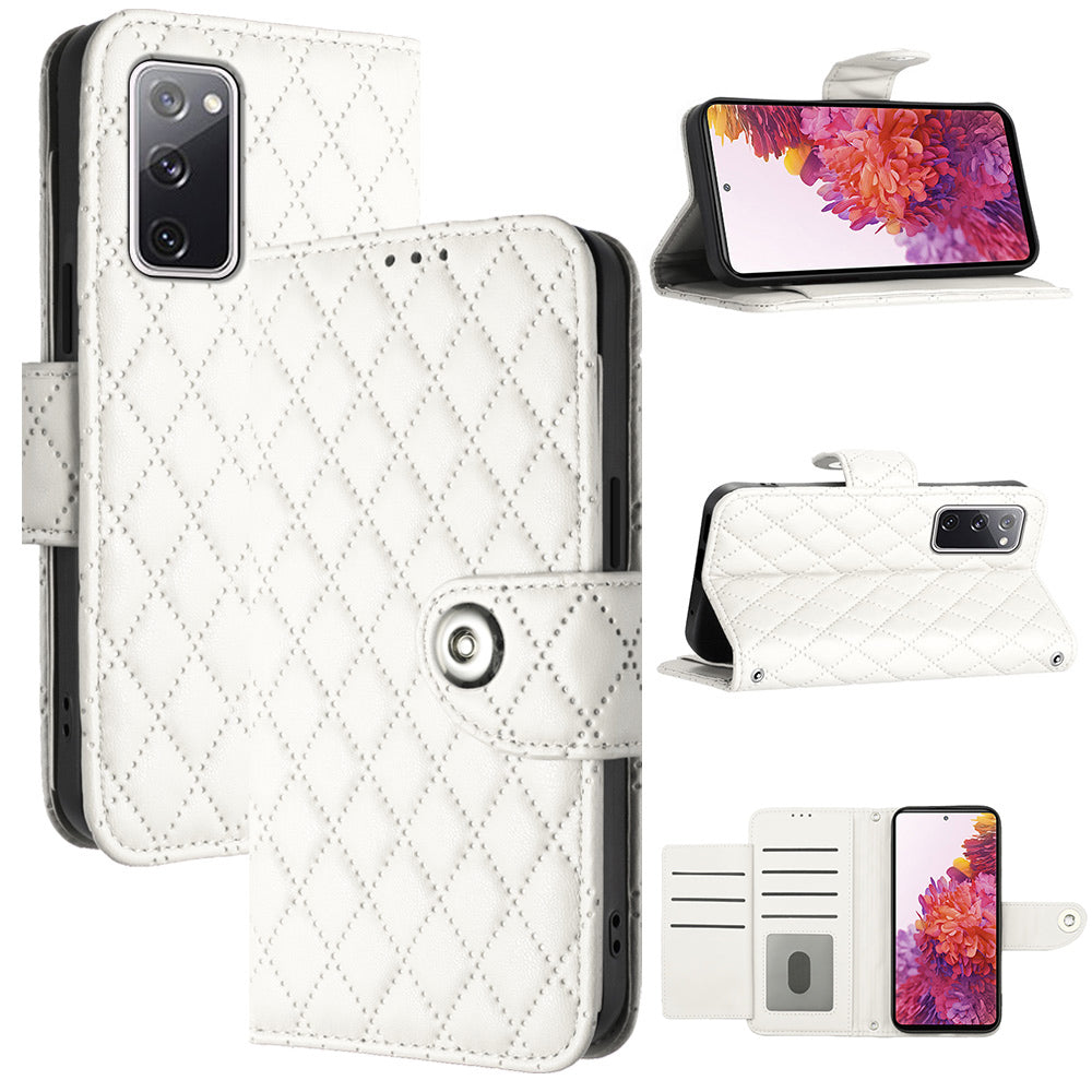 YB Imprinting Series-8 for Samsung Galaxy S20 FE 4G / FE 5G / S20 Lite / S20 FE 2022 Leather Case with Hand Strap - White