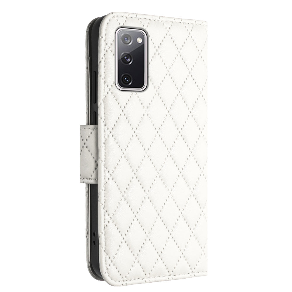 YB Imprinting Series-8 for Samsung Galaxy S20 FE 4G / FE 5G / S20 Lite / S20 FE 2022 Leather Case with Hand Strap - White