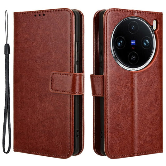 For vivo X100 Pro 5G Leather Case Crazy Horse Texture Stand Wallet Phone Cover - Brown