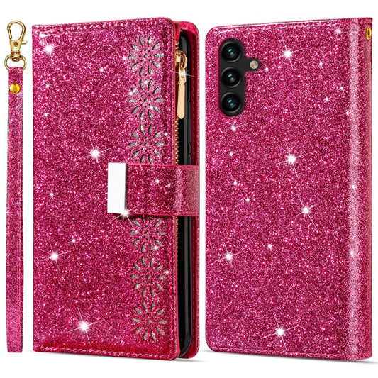 For Samsung Galaxy S23 FE Wallet Case Shiny Glitter Zipper Leather Phone Cover - Rose
