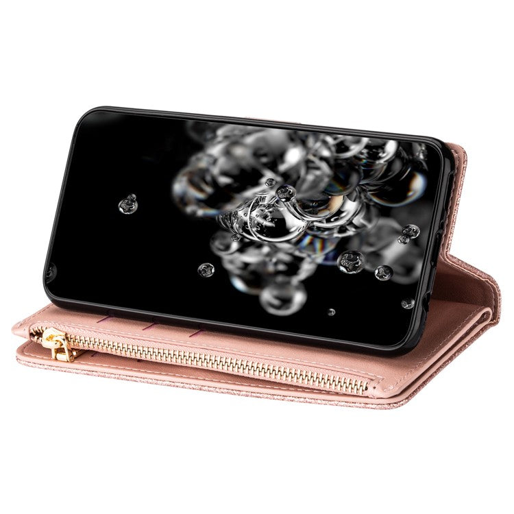 For Samsung Galaxy A55 5G Leather Case Stand Zipper Wallet Glittery Phone Cover - Rose Gold