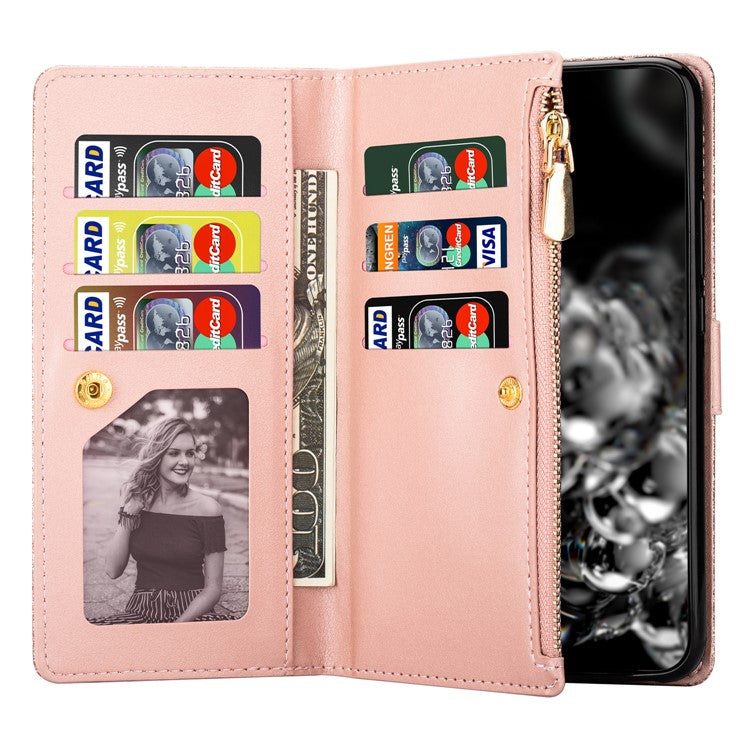 For Samsung Galaxy A55 5G Leather Case Stand Zipper Wallet Glittery Phone Cover - Rose Gold