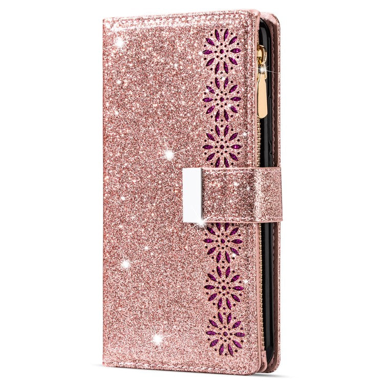 For Samsung Galaxy A55 5G Leather Case Stand Zipper Wallet Glittery Phone Cover - Rose Gold