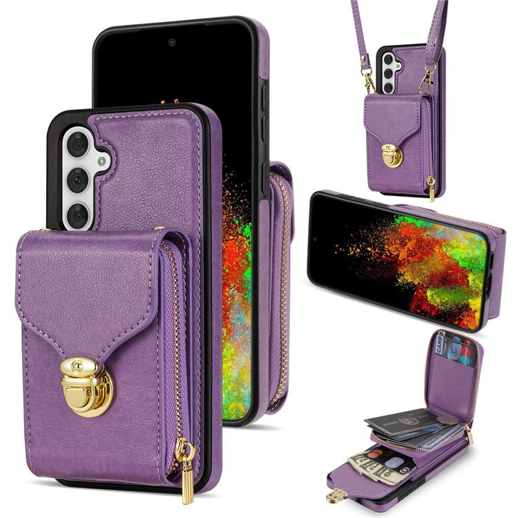 For Samsung Galaxy S23 FE Case Card Holder Zipper Phone Bag Leather+TPU Cover - Purple