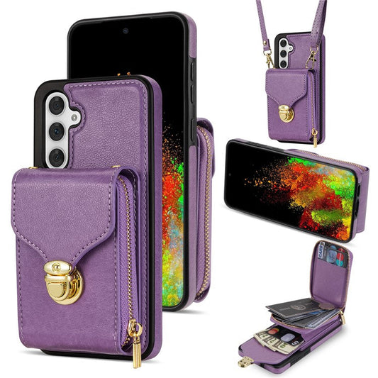 For Samsung Galaxy S23 FE Case Card Holder Zipper Phone Bag Leather+TPU Cover - Purple