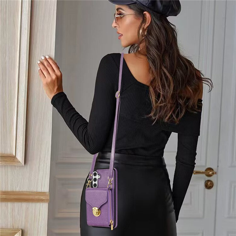 For Samsung Galaxy S23 FE Case Card Holder Zipper Phone Bag Leather+TPU Cover - Purple
