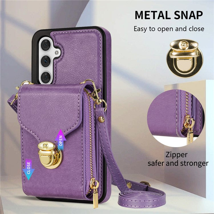 For Samsung Galaxy S23 FE Case Card Holder Zipper Phone Bag Leather+TPU Cover - Purple