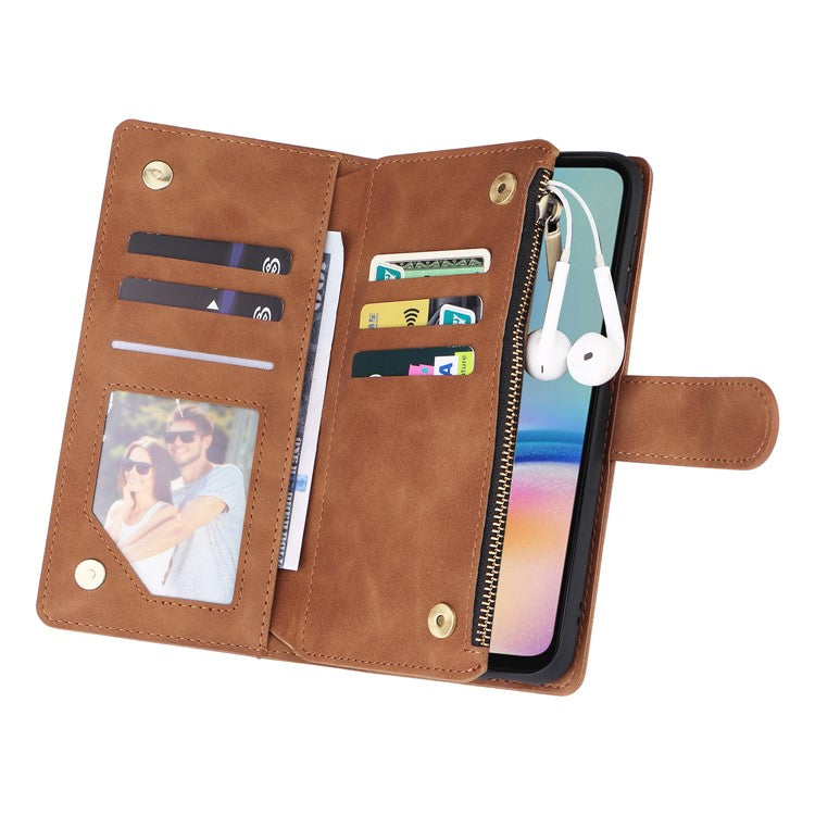 For Samsung Galaxy S23 FE Case Ziiper Leather Phone Cover with Multiple Card Slots Wallet - Brown