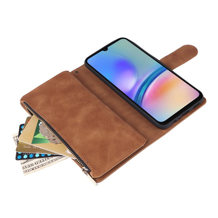 For Samsung Galaxy S23 FE Case Ziiper Leather Phone Cover with Multiple Card Slots Wallet - Brown